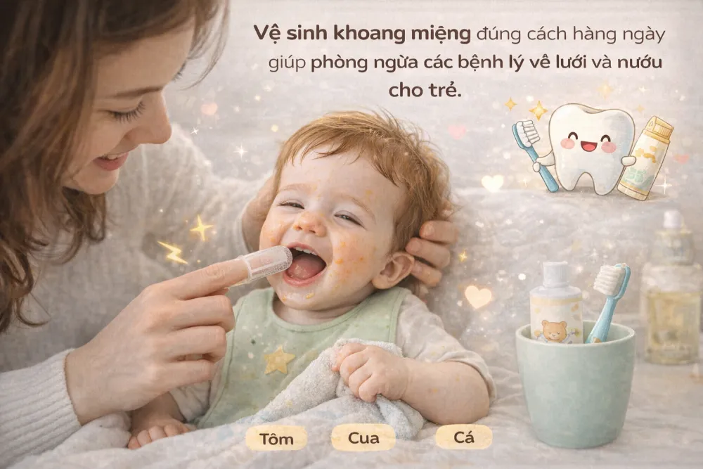 Vệ sinh khoang miệng đúng cách hàng ngày giúp phòng ngừa các bệnh lý về lưỡi và nướu cho trẻ.