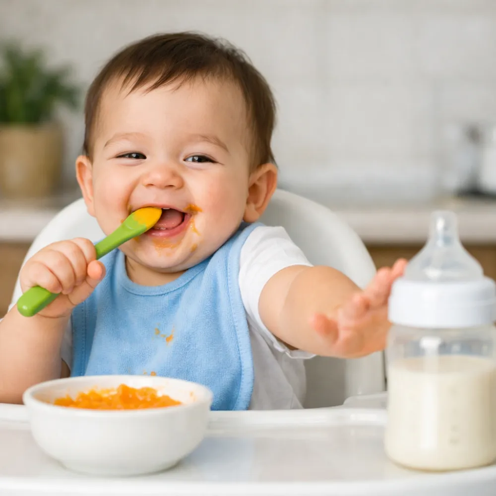 Mải mê với hương vị thức ăn dặm mới lạ là nguyên nhân phổ biến khiến bé lười bú sữa.