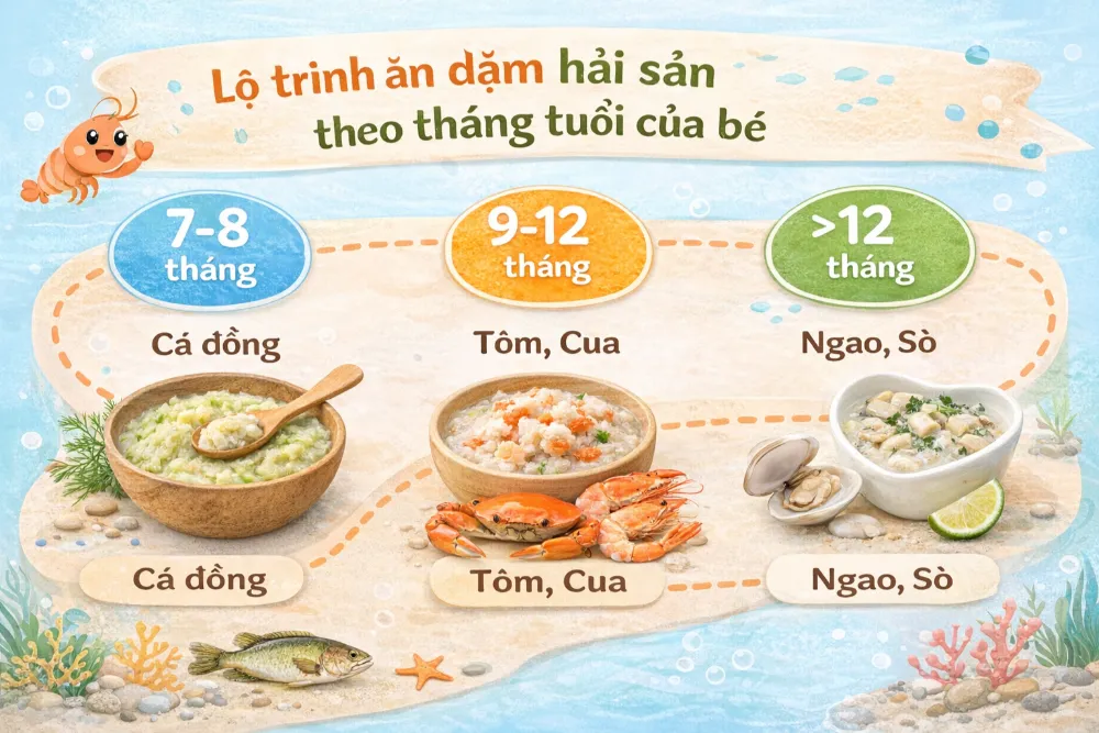 Lộ trình cho bé ăn dặm hải sản chuẩn khoa học giúp phòng tránh nguy cơ dị ứng tối đa.