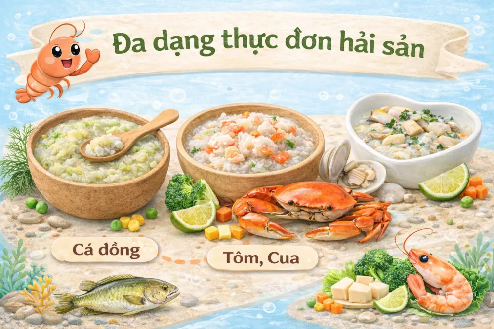 Đa dạng thực đơn hải sản với màu sắc bắt mắt giúp bé ăn ngon miệng, phát triển toàn diện cả thể chất lẫn trí não.
