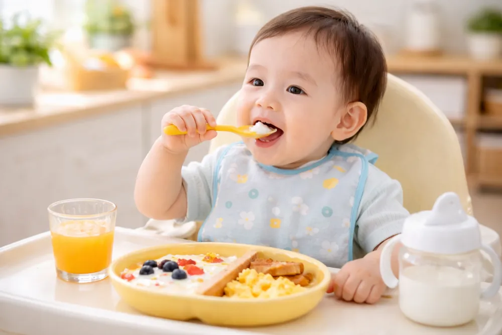 Bữa sáng là thời điểm vàng để bé 9 tháng rèn luyện kỹ năng tự lập và nhai nuốt.