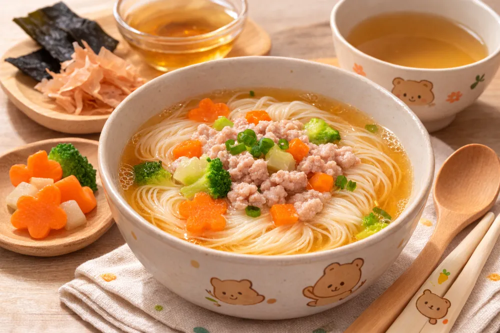 Mì somen nấu nước dùng Dashi thịt băm rau củ