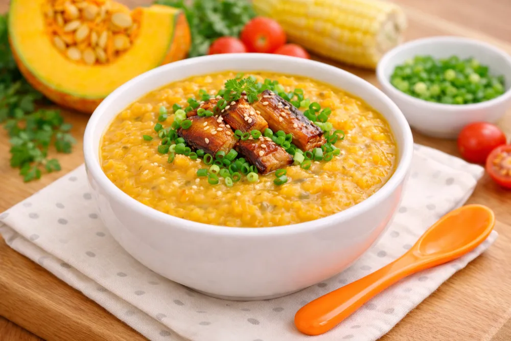 Cháo lươn bí đỏ có vị ngọt thanh, là món khoái khẩu của nhiều em bé.