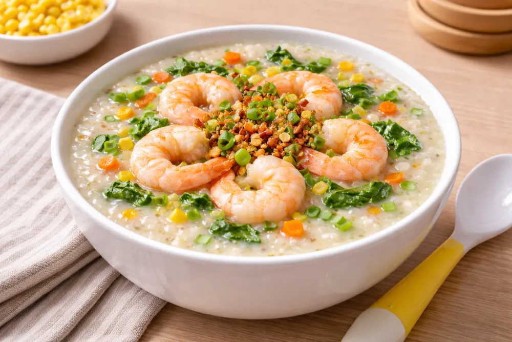 Độ thô của cháo tôm cần được điều chỉnh linh hoạt theo kỹ năng nhai của từng bé.