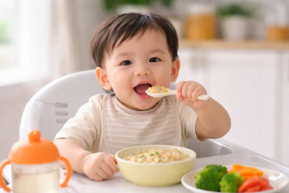 Quan sát tín hiệu hào hứng của con để quyết định tăng lên 3 bữa cháo mỗi ngày.