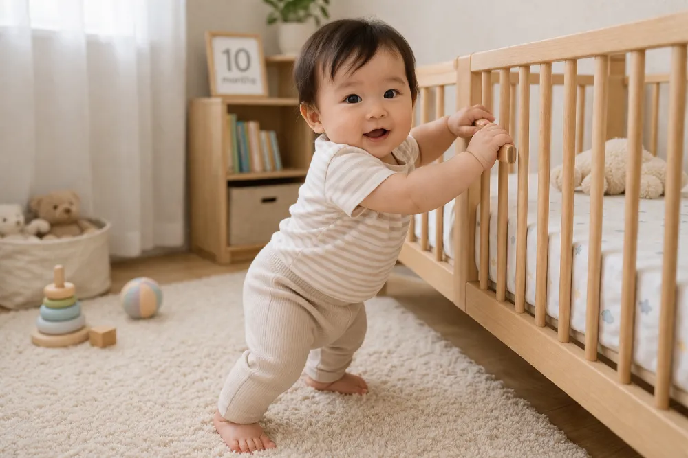 Vịn đứng và bước men là bài tập yêu thích của bé ở tháng tuổi này.