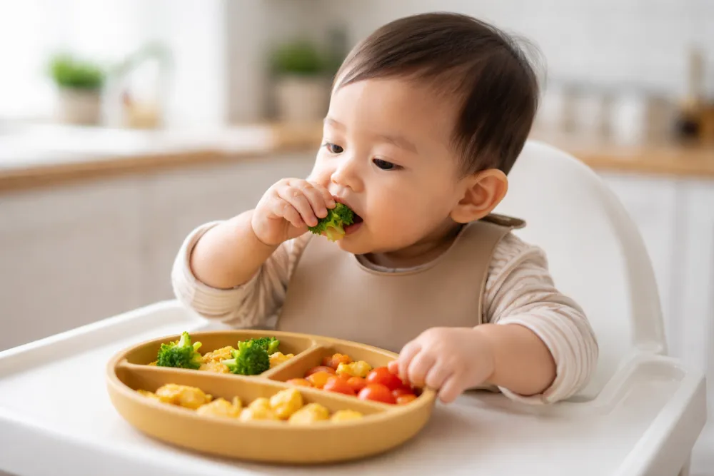 Kỹ năng bốc nhón giúp bé tự lập hơn trong các bữa ăn dặm.