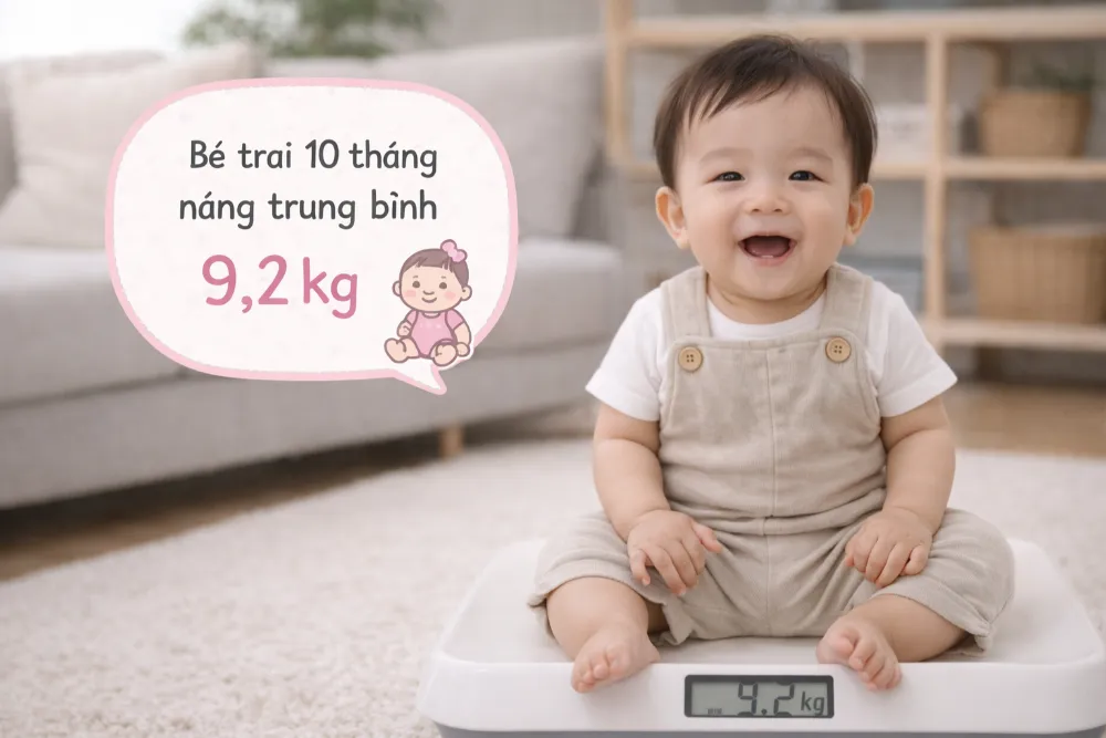 Bé trai 10 tháng thường nặng hơn bé gái, đạt mốc trung bình 9,2kg.