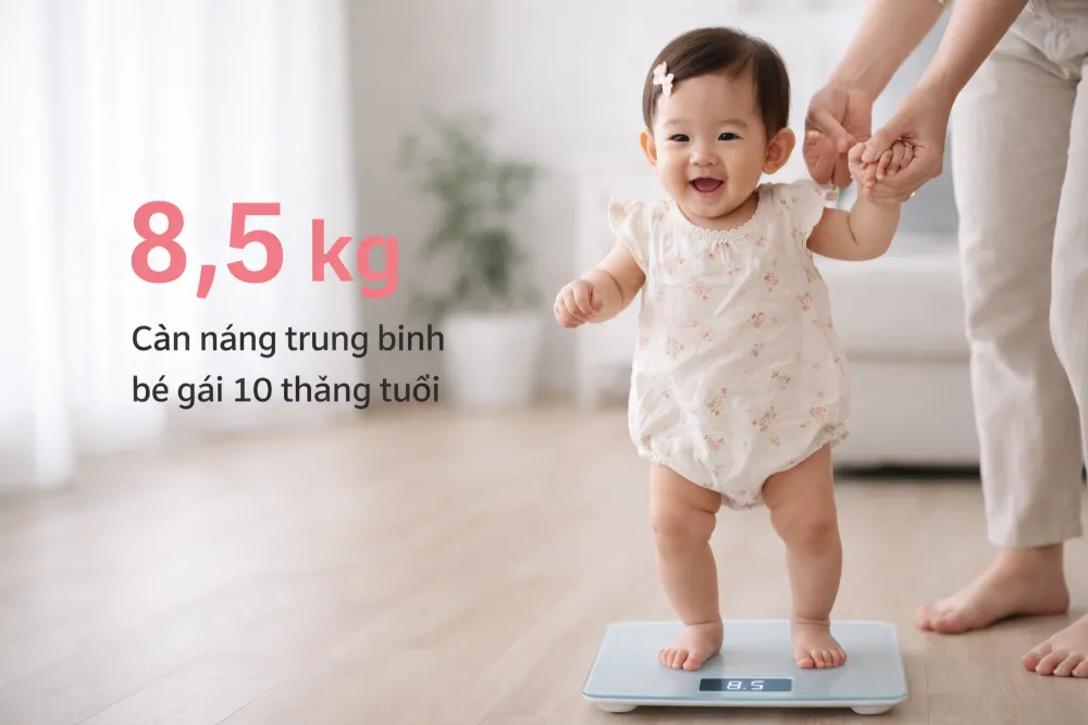 Cân nặng trung bình của bé gái 10 tháng tuổi khoảng 8,5kg.