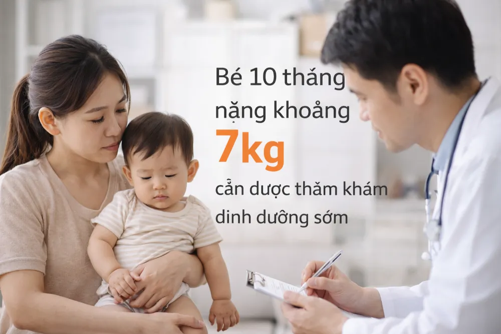 Bé 10 tháng nặng khoảng 7kg cần được thăm khám dinh dưỡng sớm.