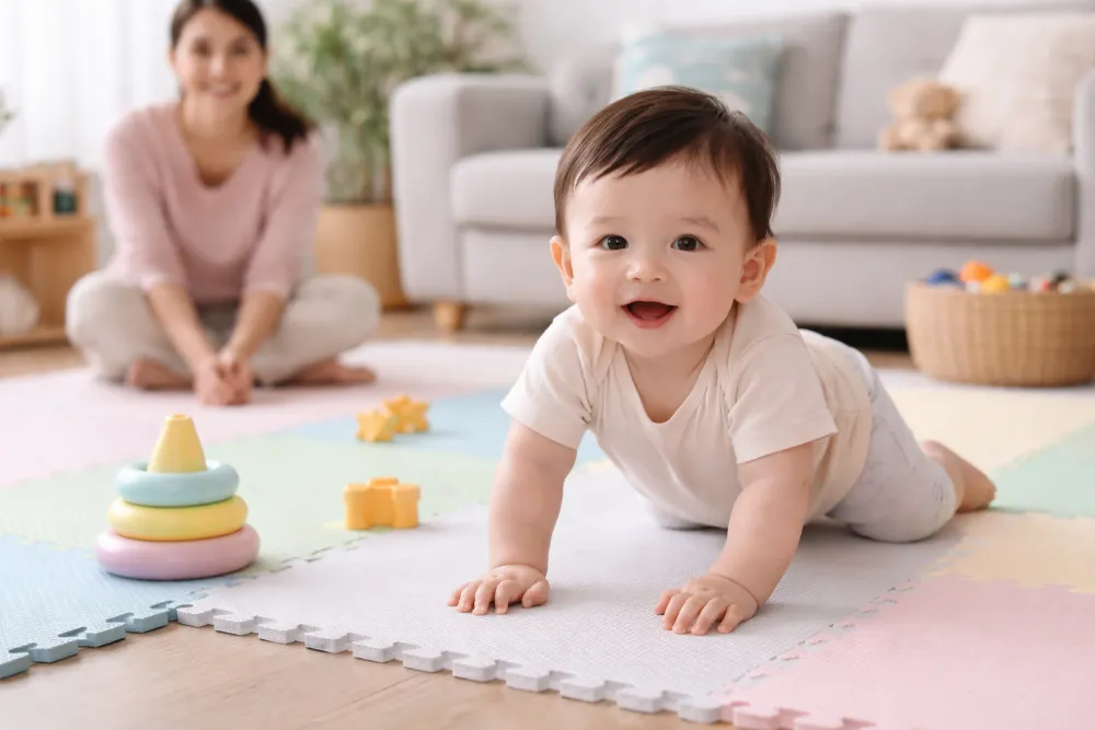 Tăng cường thời gian nằm sấp (Tummy Time) trong không gian an toàn là "chìa khóa vàng" giúp cơ lưng, cơ cổ bé cứng cáp và nhanh chóng biết ngồi.