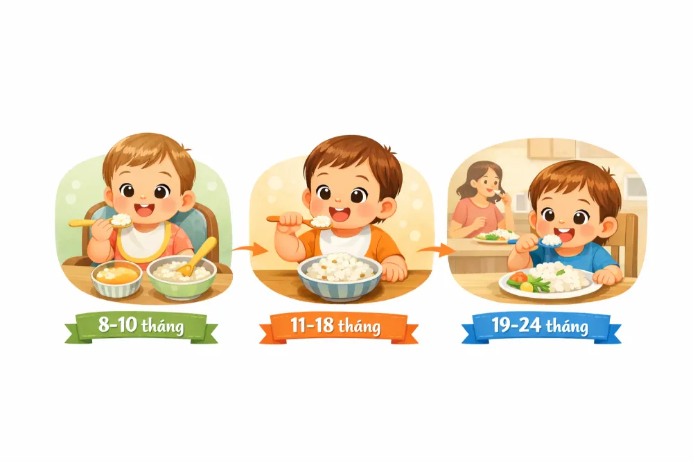 Lộ trình cho trẻ làm quen với cơm cần diễn ra từ từ để bảo vệ hệ tiêu hóa non nớt của con.