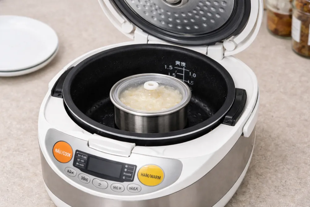 Đặt cốc nấu cháo/cơm nát vào nồi cơm điện gia đình là tuyệt chiêu tiết kiệm thời gian cho mẹ bận rộn.