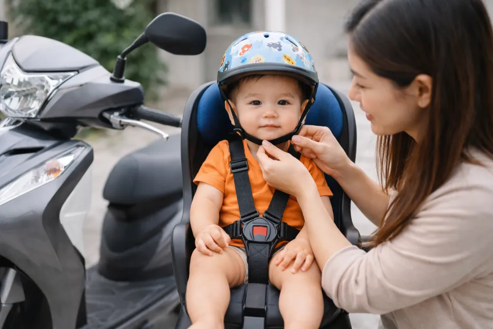 rẻ từ 1 tuổi trở lên có thể sử dụng ghế ngồi xe tay ga chuyên dụng kết hợp cùng đai thắt an toàn.