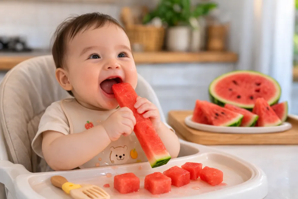 Cắt dưa hấu thành thanh dài giúp bé rèn luyện kỹ năng vận động tinh và nhai nuốt an toàn.