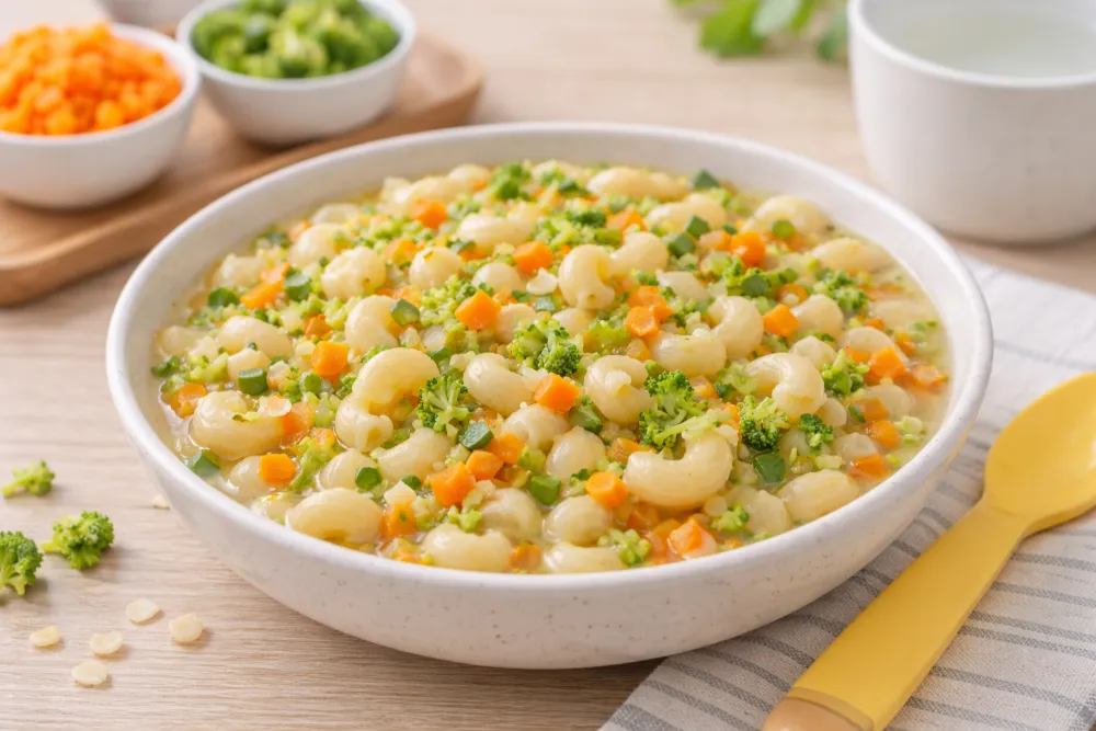 Nui nấu mềm với rau củ băm nhỏ