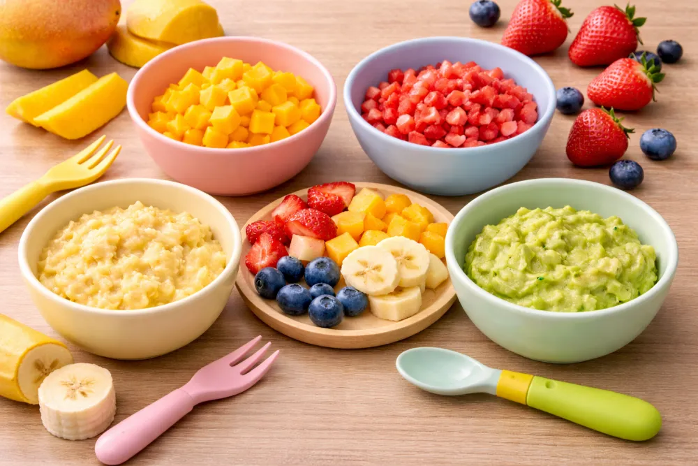 Trái cây chín mềm cắt nhỏ hoặc nghiền nát là lựa chọn tuyệt vời và giàu vitamin cho bé.