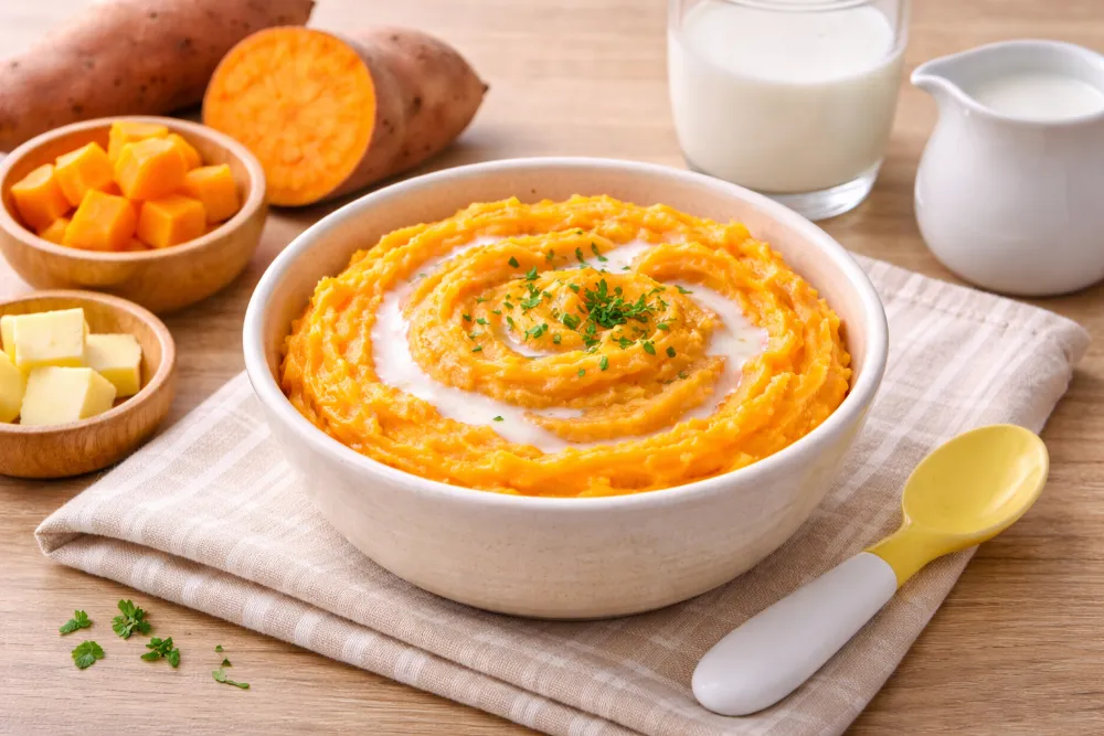 Khoai lang nghiền sữa vừa ngọt thơm vừa giúp bé nhuận tràng cực tốt.