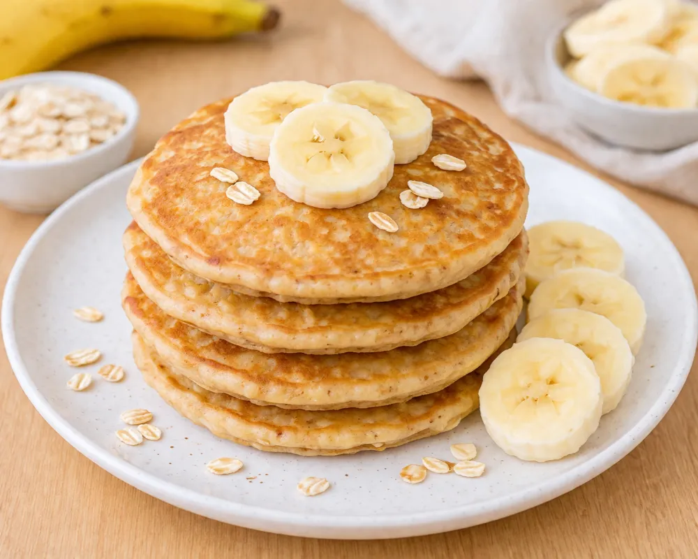 Bánh pancake làm từ chuối và yến mạch giúp bé rèn luyện kỹ năng nhai nuốt.