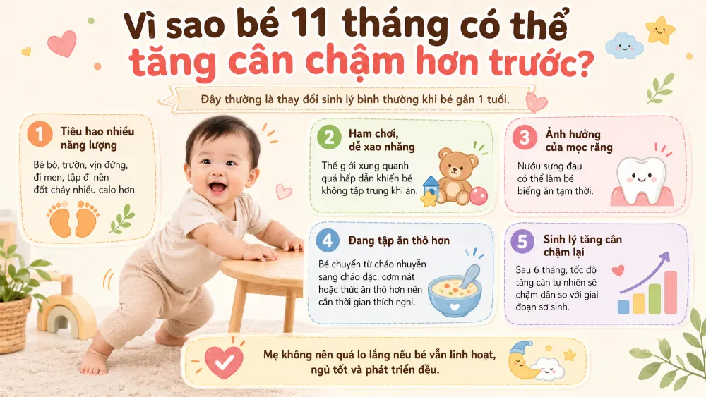 Vì sao bé 11 tháng có thể tăng cân chậm hơn trước