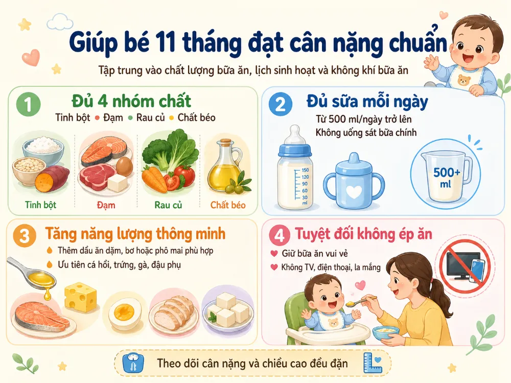 Bố mẹ cần làm gì để giúp bé 11 tháng đạt cân nặng chuẩn