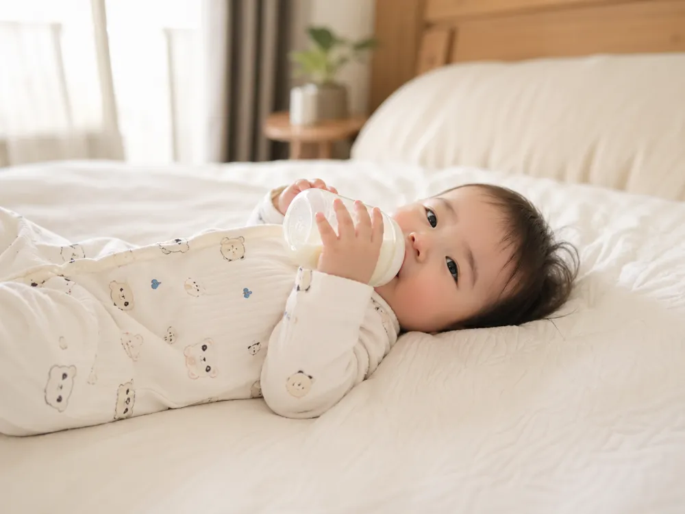 Tư thế nằm thẳng tuột để bú bình rất dễ khiến bé bị sặc sữa lên mũi hoặc gây viêm tai giữa.