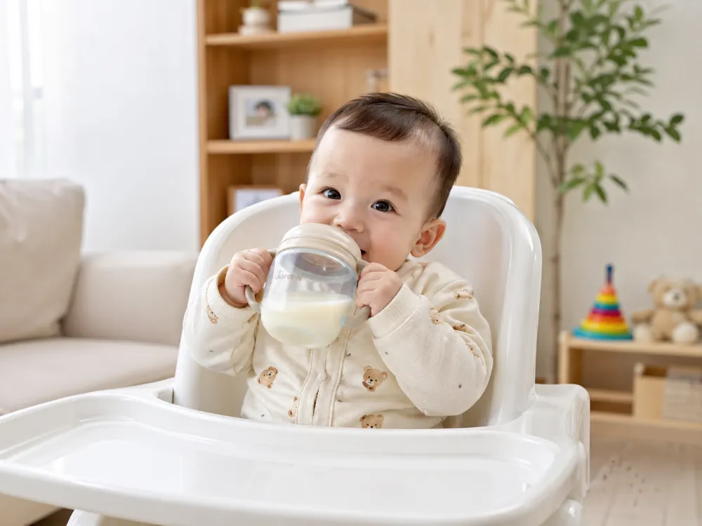 Nếu bé chán bình sữa, mẹ hãy thử cho bé dùng cốc tập uống hoặc ống hút thay vì đổi sang sữa tươi.