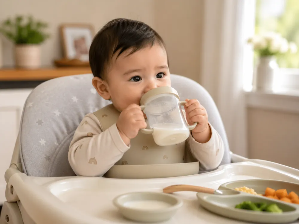 Tập uống sữa tươi nên bắt đầu từ lượng nhỏ để dạ dày bé làm quen dần dần.