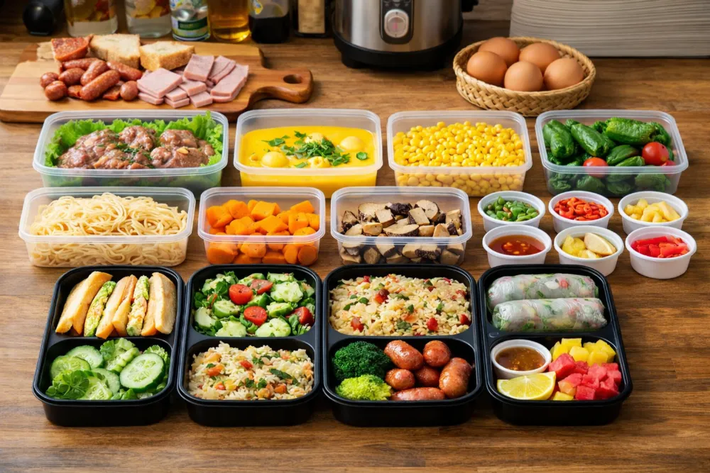 Sơ chế nguyên liệu và chia hộp từ tối hôm trước giúp mẹ rút ngắn tối đa thời gian nấu bữa sáng.