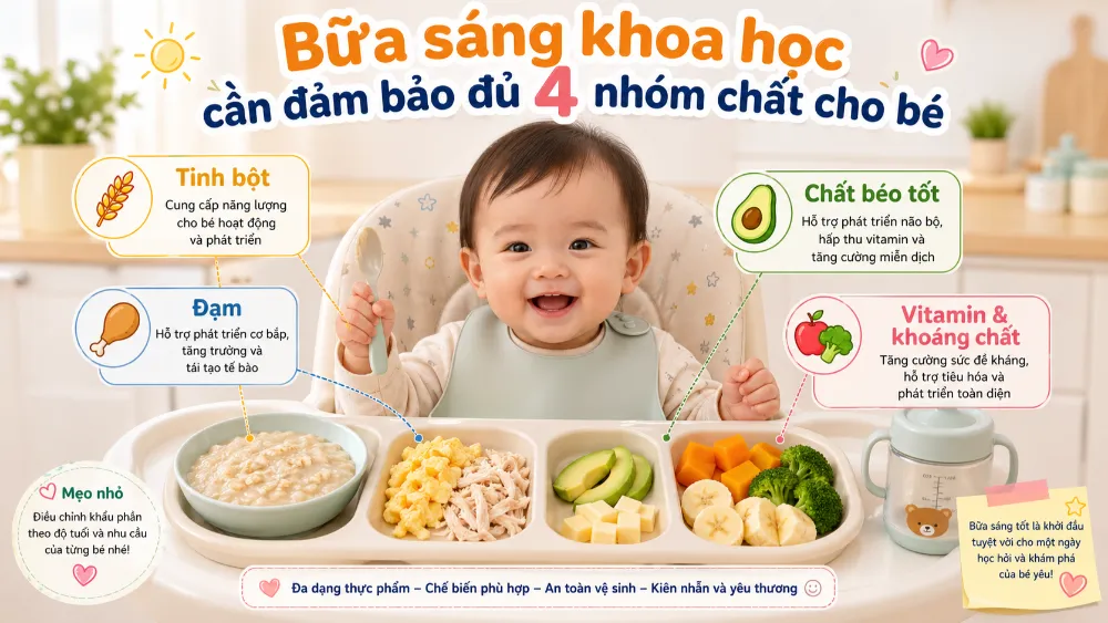 Bữa sáng khoa học cần đảm bảo đủ 4 nhóm chất và ưu tiên các món mềm, dễ tiêu hóa.