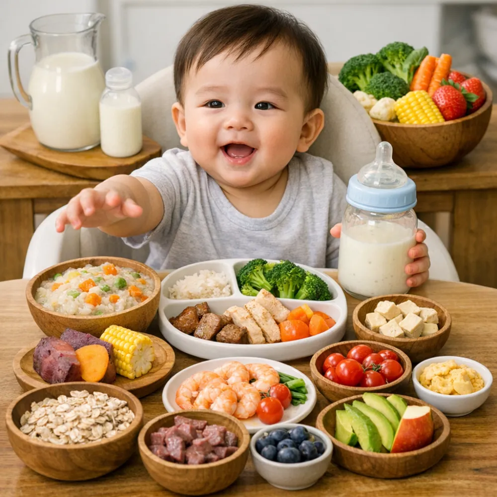 Bữa ăn đa dạng màu sắc giúp kích thích vị giác và cung cấp đủ vi chất cho bé 10 tháng.