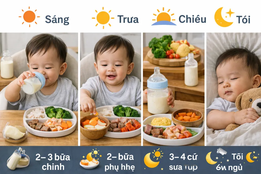 Lịch sinh hoạt và ăn dặm tham khảo giúp bé 10 tháng hình thành thói quen ăn ngủ tốt.