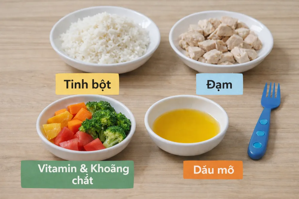 Bữa ăn của bé 10 tháng cần đảm bảo sự cân bằng giữa 4 nhóm dưỡng chất thiết yếu.