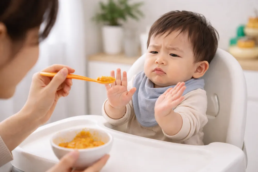 Khi bé liên tục từ chối bữa ăn, cha mẹ cần xem lại khoảng cách các cữ và độ thô của thức ăn.