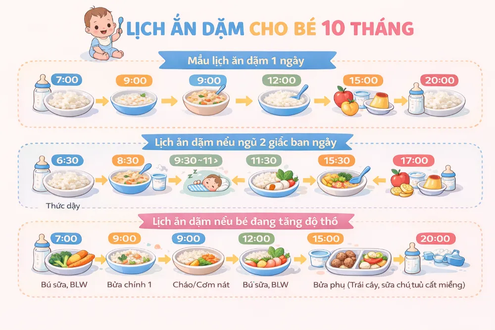 Mẹ nên duy trì các cữ ăn vào khung giờ cố định nhưng vẫn có thể linh hoạt theo giấc ngủ của con.