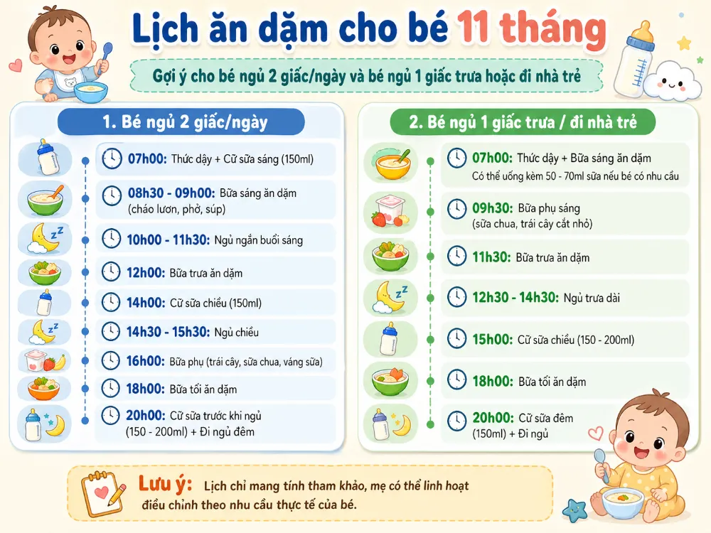 Bảng lịch ăn dặm cho bé 11 tháng tuổi theo từng khung giờ