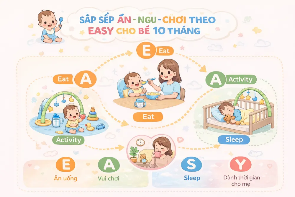 Cách sắp xếp ăn - ngủ - chơi cho bé 10 tháng theo EASY