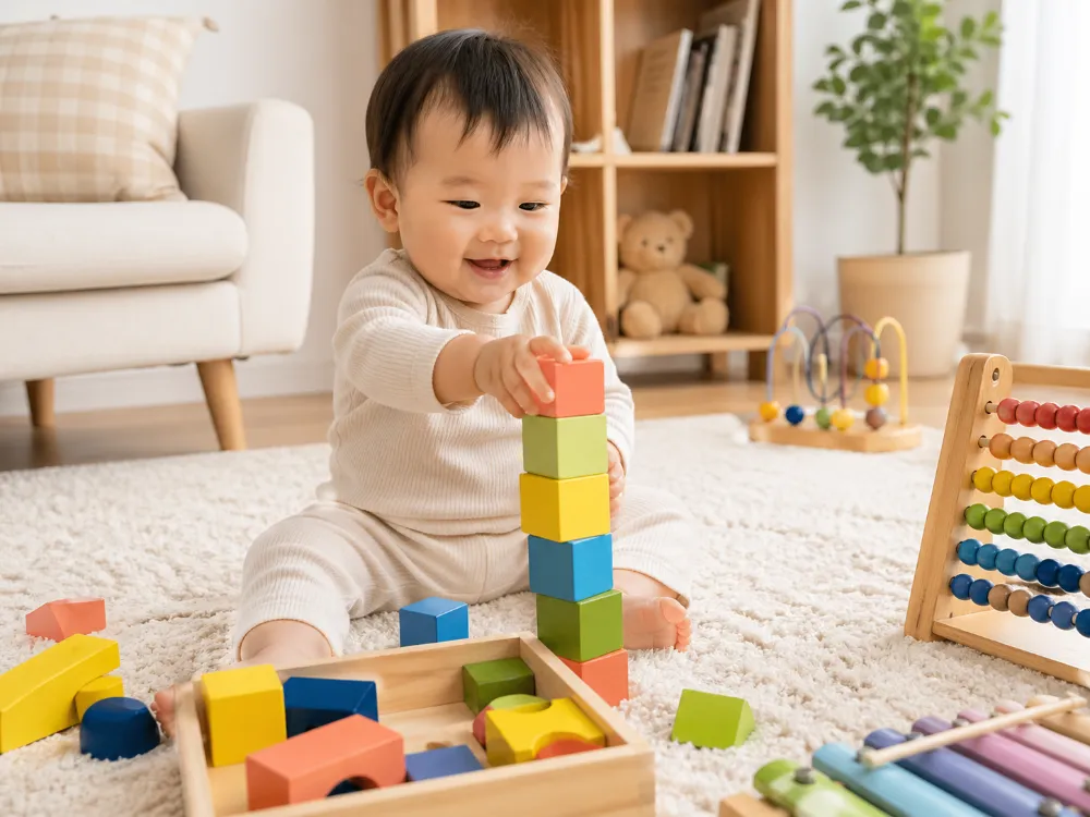 Các trò chơi tương tác như xếp khối không chỉ làm bé vui mà còn phát triển trí não toàn diện.