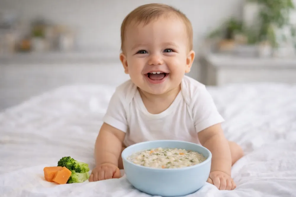 Sự vui vẻ và hợp tác của con là minh chứng cho một thực đơn ăn dặm phù hợp.