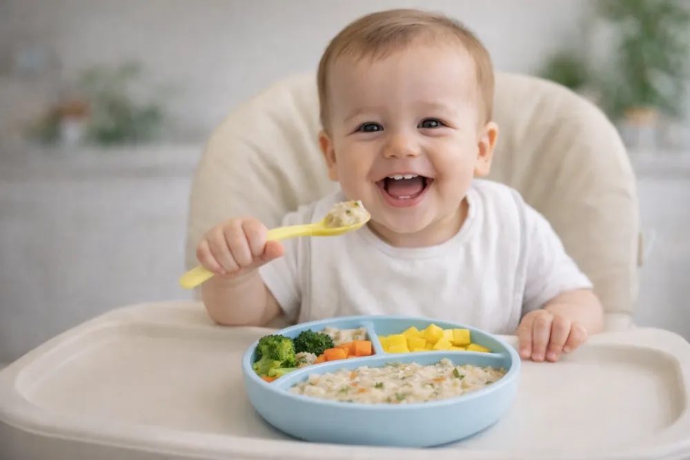 Bé 10 tháng tuổi vui vẻ, hào hứng ăn dặm - Dấu hiệu tích cực khi áp dụng đúng thực đơn