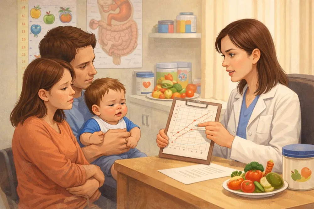 Nếu trẻ biếng ăn kéo dài kèm theo sụt cân, ba mẹ nên đưa bé đi khám dinh dưỡng.