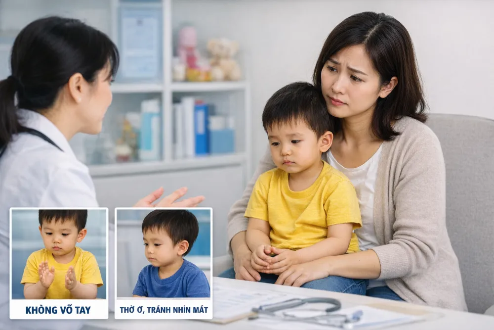 Hãy đưa trẻ đi thăm khám kịp thời nếu bé không vỗ tay kèm theo sự thờ ơ, thiếu giao tiếp mắt.