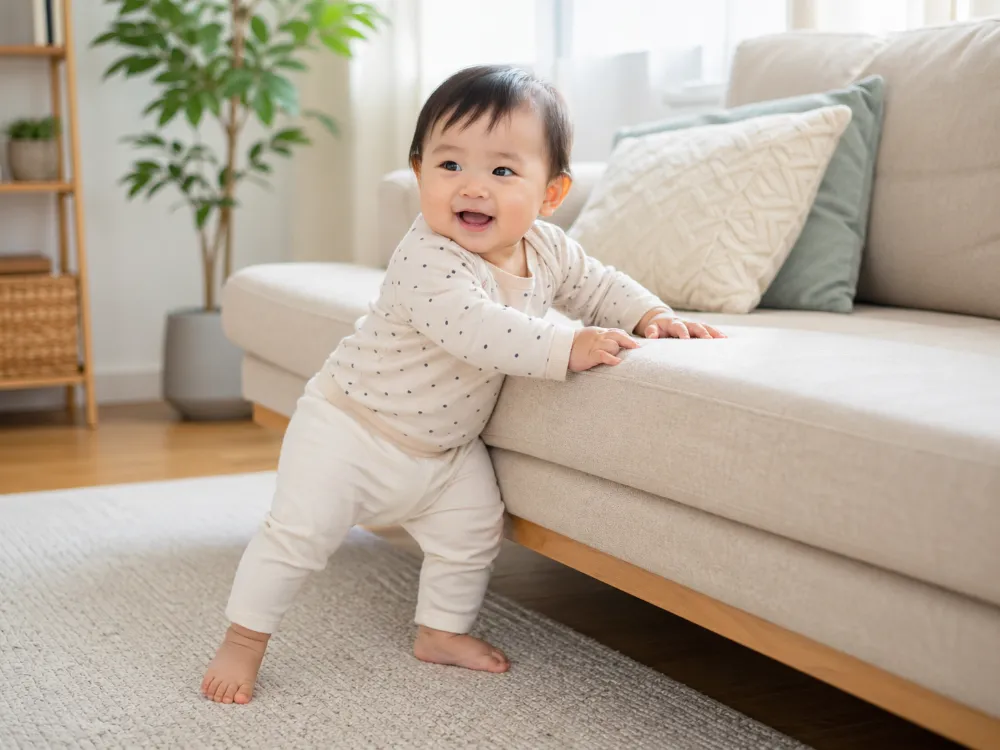 Vịn đứng và đi men là kỹ năng vận động thô nổi bật của trẻ 11 tháng.