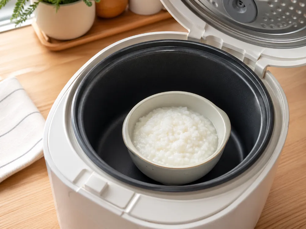 Nấu cơm nát chung với nồi cơm gia đình bằng bát sứ giúp mẹ tiết kiệm nhiều thời gian.
