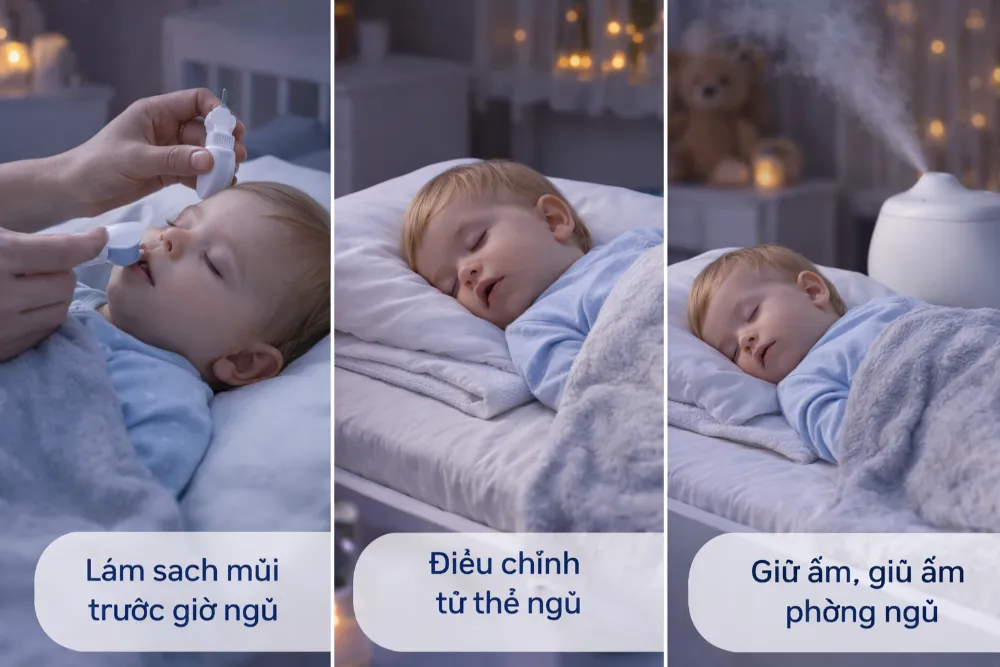 Giữ ẩm không khí và kê cao vai giúp trẻ giảm nghẹt mũi và ngủ ngon hơn vào ban đêm.