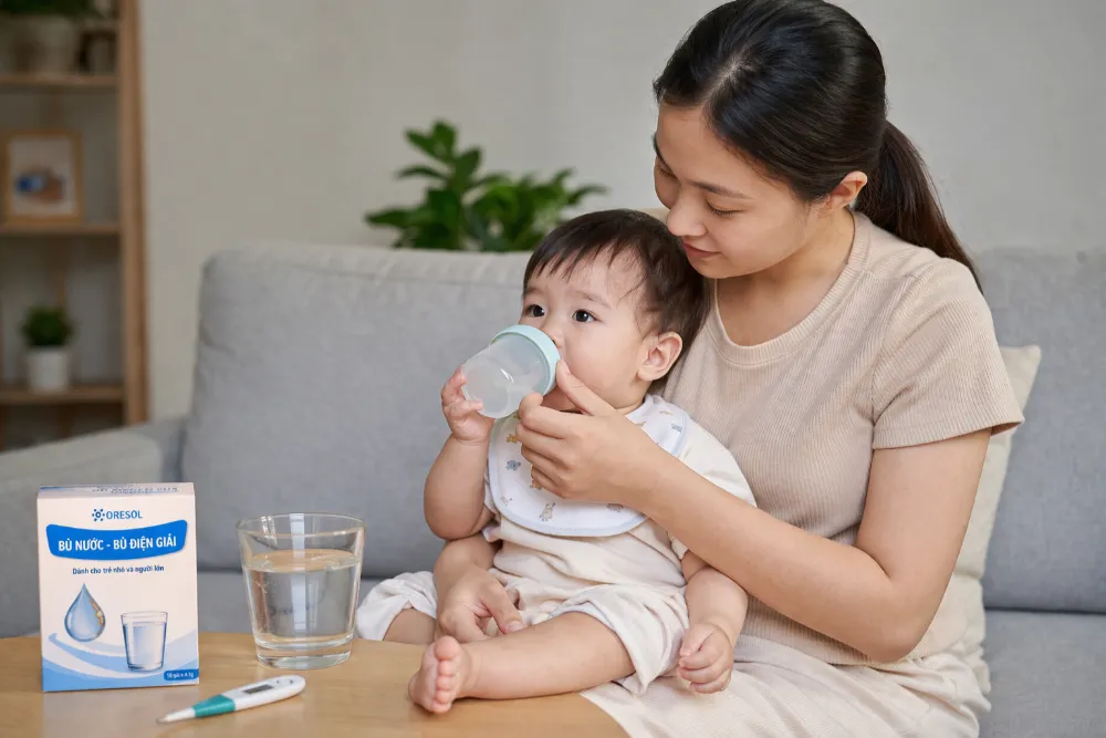 Mẹ đang theo dõi và cho bé uống nước bù điện giải tại nhà