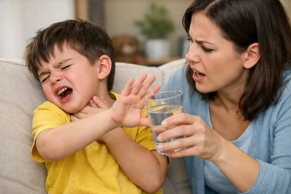 Việc ép trẻ uống nước khi con chưa sẵn sàng hoặc đang bị đau họng sẽ khiến bé phản kháng mạnh mẽ.