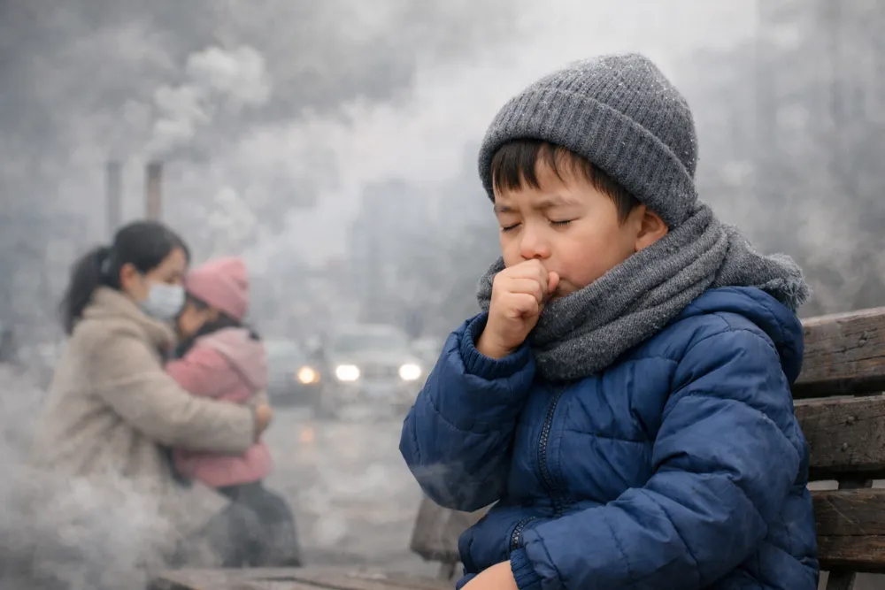 Thời tiết giao mùa, không khí lạnh và khói bụi là những yếu tố khiến trẻ dễ mắc bệnh đường hô hấp.
