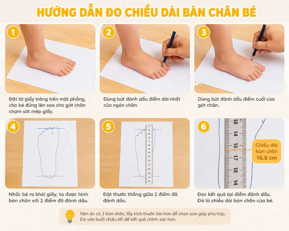 Đo chiều dài chân đúng cách là bước quan trọng nhất để chọn size giày chính xác cho bé