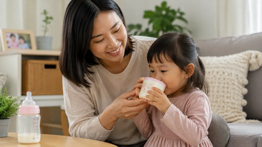 hướng dẫn bé 3 tuổi uống sữa bằng cốc